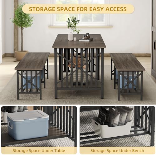 DWVO 3-Piece Dining Table Set for 4-6 People with 2 Benches, 63" Dining Room Table, Industrial Rectangular Dining Room Table Set with Storage for Kitchen, Dining Room, Grey DWVO