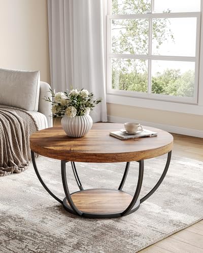 LITTLE TREE Round Coffee Table, 32" Circle Coffee Table for Living Room, 2-Tier Wood Accent Center Table with Open Storage Industrial Design Home Furniture (Brown and Black) - WoodArtSupply