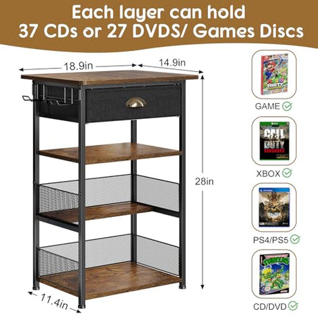 Hongtamoya 4-Tier AV Media Stand with Drawer, Video Game Console Shelf with 2 Hooks, Audio Rack Tower Perfect for/Xbox/ PS5/Switch/Game Consoles/DVD/Record Player/Projector/Sky Box/TV Accessories Hongtamoya