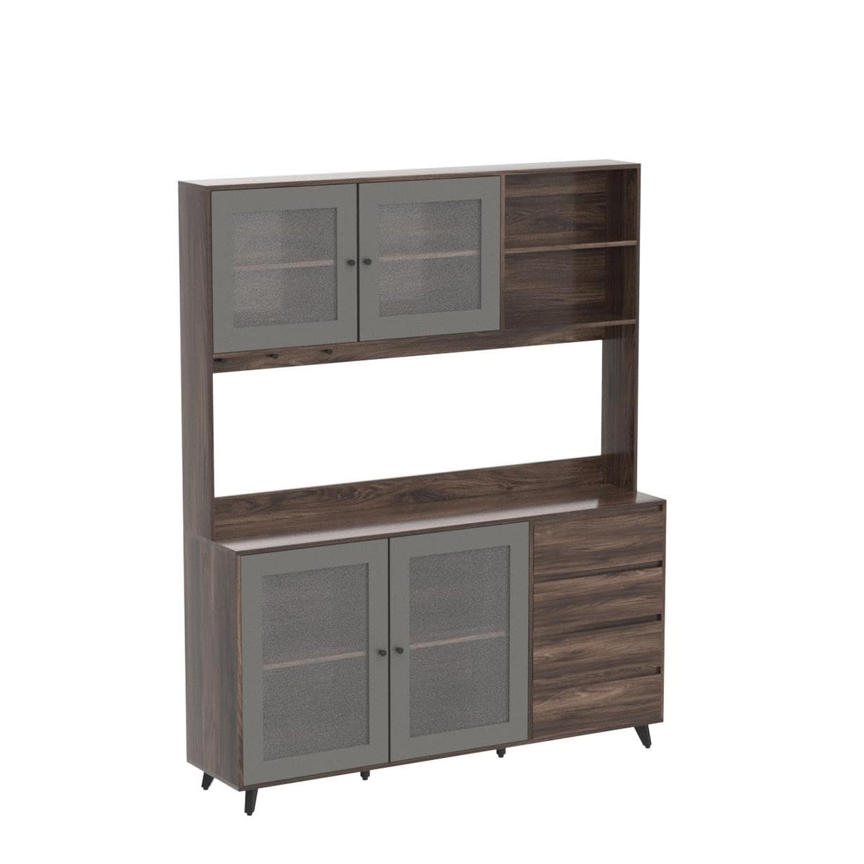 ECACAD Freestanding Kitchen Pantry Storage Cabinet with Glass Doors, Shelves & Drawers, Modern Sideboard Buffet Cabinet, Wood Kitchen Cupboard with Hutch and Hooks, Dark Brown ECACAD