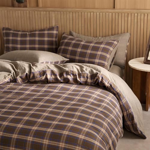 EAVD Vintage Style Brown&Blue Buffalo Plaid Duvet Cover Set Queen Soft 100% Cotton Muslin Blue Brown Grid Gingham Bedding Set with 2 Pillowcases Farmhouse Gingham Duvet Cover with Zipper Closure EAVD