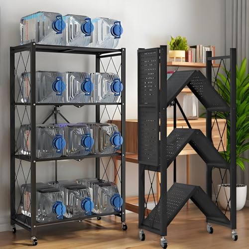 Kitchen Garage Metal Shelves, Storage Shelves Organizer, Foldable Metal Shelving, Closet Shelving Unit, 28" W x 14" D x 50" H Bakers Rack Microwave Stand, Plant Stand with Wheels (4-Tier Shelf) GOARLPEY