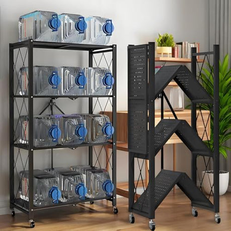 Kitchen Garage Metal Shelves, Storage Shelves Organizer, Foldable Metal Shelving, Closet Shelving Unit, 28" W x 14" D x 50" H Bakers Rack Microwave Stand, Plant Stand with Wheels (4-Tier Shelf) GOARLPEY