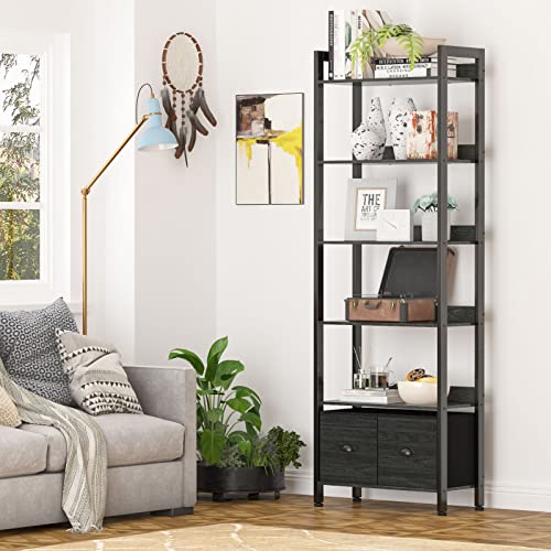 Furologee 6-Tier Industrial Bookshelf with 2 Drawers - Black Oak Tall Bookcase for Home Office and Bedroom Furologee