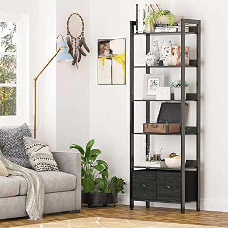 Furologee 6-Tier Industrial Bookshelf with 2 Drawers - Black Oak Tall Bookcase for Home Office and Bedroom Furologee