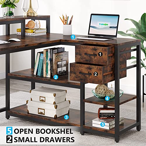 Tribesigns Rustic L Shaped Desk with Drawers and Shelves for Home Office - WoodArtSupply