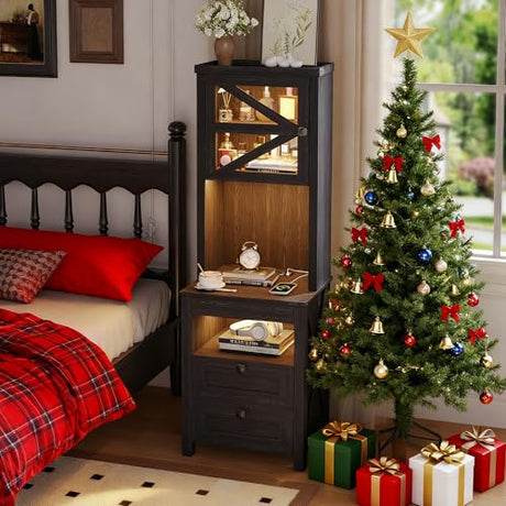 HWB Tall Night Stand with Charging Station and LED Lights, Farmhouse Nightstand with Gun Drawer&Adjustable Shelf, Bedside Table with 3 Drawers for Bedroom, Black HWB