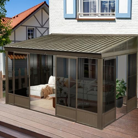 Domi 12x14FT Wall Mounted Sunroom, Against Wall Solarium with Galvanized Steel Sloping Roof, Detachable PVC Screen, Lockable Sliding Front and Side Doors, Lean-to Gazebo Sun Room for Deck Patio domi outdoor living