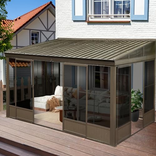 Domi 12x14FT Wall Mounted Sunroom, Against Wall Solarium with Galvanized Steel Sloping Roof, Detachable PVC Screen, Lockable Sliding Front and Side Doors, Lean-to Gazebo Sun Room for Deck Patio