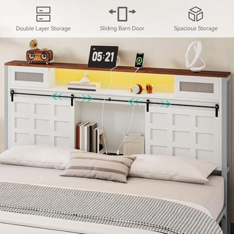YITAHOME Farmhouse King Size Bed Frame with Charging Station and Led Light, Wooden Platform Tall Storage Headboard Bed Frame, Sliding Barn Door, Metal Slats Support, No Box Spring Needed, White YITAHOME