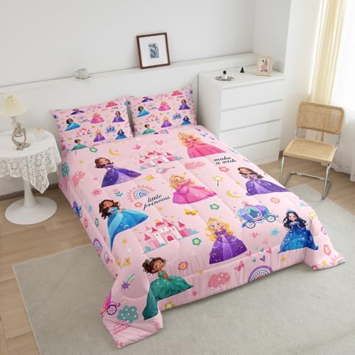 jejeloiu Kids Magical Princess Bedding Set Full Size Pink Castle Duvet Quilt for Boys Girls Teens Bedroom Decor Fairy Comforter Set Dreamy Breathable Soft Lightweight Microfiber 3Pcs jejeloiu