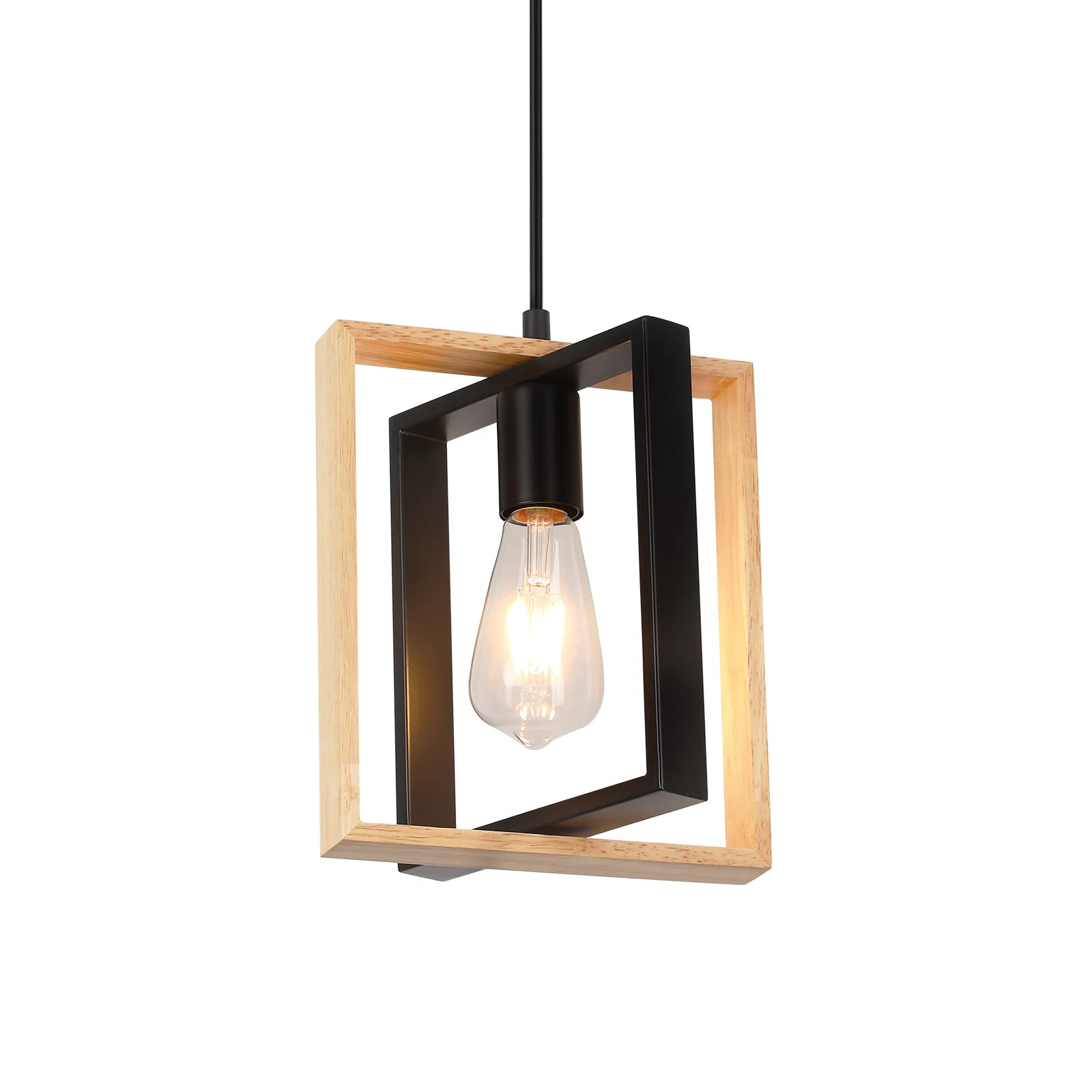 foucasal Pendant Lights Kitchen Island Black Pendant Light Fixtures with Rotatable Wood Frame Kitchen Island Pendant Lighting for Dining Room, Foyer - WoodArtSupply