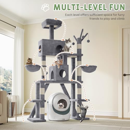 Homiflex Tall Cat Tree for Indoor Cats, 74" Multi-Level Cat Tower with Cat Condos, Plush Perches & Self-Cleaning Litter Box Base, Modern Cat Tree with Scratching Posts & Hammocks, Grey Homiflex