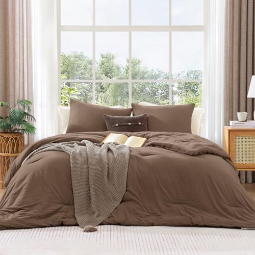 WRENSONGE Queen Comforter Set - 3 Pieces Prewashed Brown Comforter Soft Lightweight for All Seasons,Down Alternative Comforters Queen Size with 2 Pillow Shams WRENSONGE