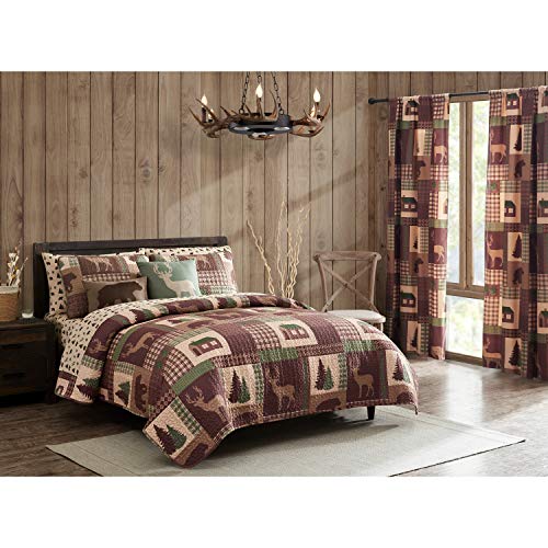 How Plumb Aubrie Home Accents Cozy Cabin 2-Piece Twin Quilt Bedding Set with Pillow Sham Rustic Patchwork Plaid Deer Coverlet Bedspread, Brown Tan Green How Plumb