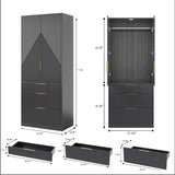 71.7" Wardrobe Armoire Wooden Closet with 2 Doors and 3 Drawers, Bedroom Armoire with Hanging Rod Shelf, Large Capacity Storage Wardrobe Armoire, Freestanding Wooden Closet Storage Cabinet Black TOKSOM