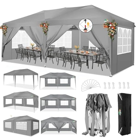 COBIZI 10x20 Pop Up Canopy Tent with 6 Sidewalls Party Tents for Parties Weddings Backyard Waterproof Commercial Instant Outdoor Events Tent with Stakes, Ropes（10 x 20 ft Gray COBIZI