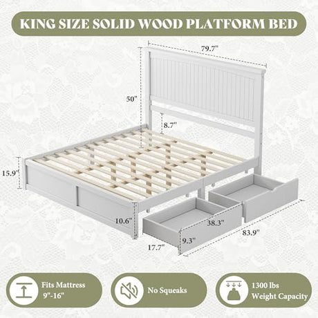 AMERLIFE King Size Solid Wood Bed Frame with 50" Tall Headboard, Mid-Century Modern Bed with Storage Drawers, Clean Wooden Platform Bed, 2 Side Drawers/No Box Spring Needed/White AMERLIFE