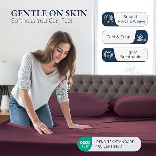 LANE LINEN Queen Size Fitted Sheet, 3-Piece Set (1 Fitted Sheet, 2 Pillowcases), 100% Organic Cotton, Percale Weave, Soft & Breathable, Fits Mattress Upto 15" Deep - Windsor Wine (No Flat Sheet) LANE LINEN