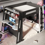 MERITLINE Queen Size Gaming Bunk Bed with Built-in Desk, RGB LED Lights & USB Port, Cable Management System & PC Tower Space, Overhead Storage Shelves, Full-Length Guardrails, Black+Grey MERITLINE