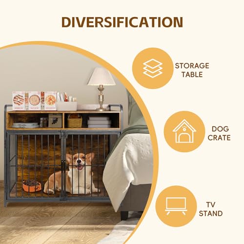 Sulives 41 inch Dog Crate Furniture for Large Dogs,Wooden Dog Crate with Divider,Double Door Dog Kennel with Two Drawers Storages,Reinforced Horizontal Bars,Indoor Dog Crate - WoodArtSupply