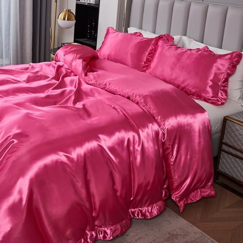 Silk Like Satin Bedding King Hot Pink Duvet Cover Set Soft Silky Ruffle Comforter Cover Sexy Hotel Silky Bedding Sets 1 Duvet Cover 2 Pillowcases (King, Hot Pink)… Bedding_Dreamer
