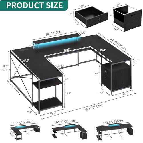 YITAHOME U Shaped Desk with Power Outlets & LED Lights, 79" Reversible L Shaped Desk with Drawers, Corner Computer Desk Office Desk with Monitor Stand & Storage Shelves, Black YITAHOME