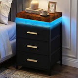 DreamDashio Night Stand with APP Control LED Lights, 3 Fabric Storage Drawers with PU Finish, Floating Top Design, Bedside Table with Open Shelf, End Table for Bedroom, Living Room, Office (Black) DreamDashio