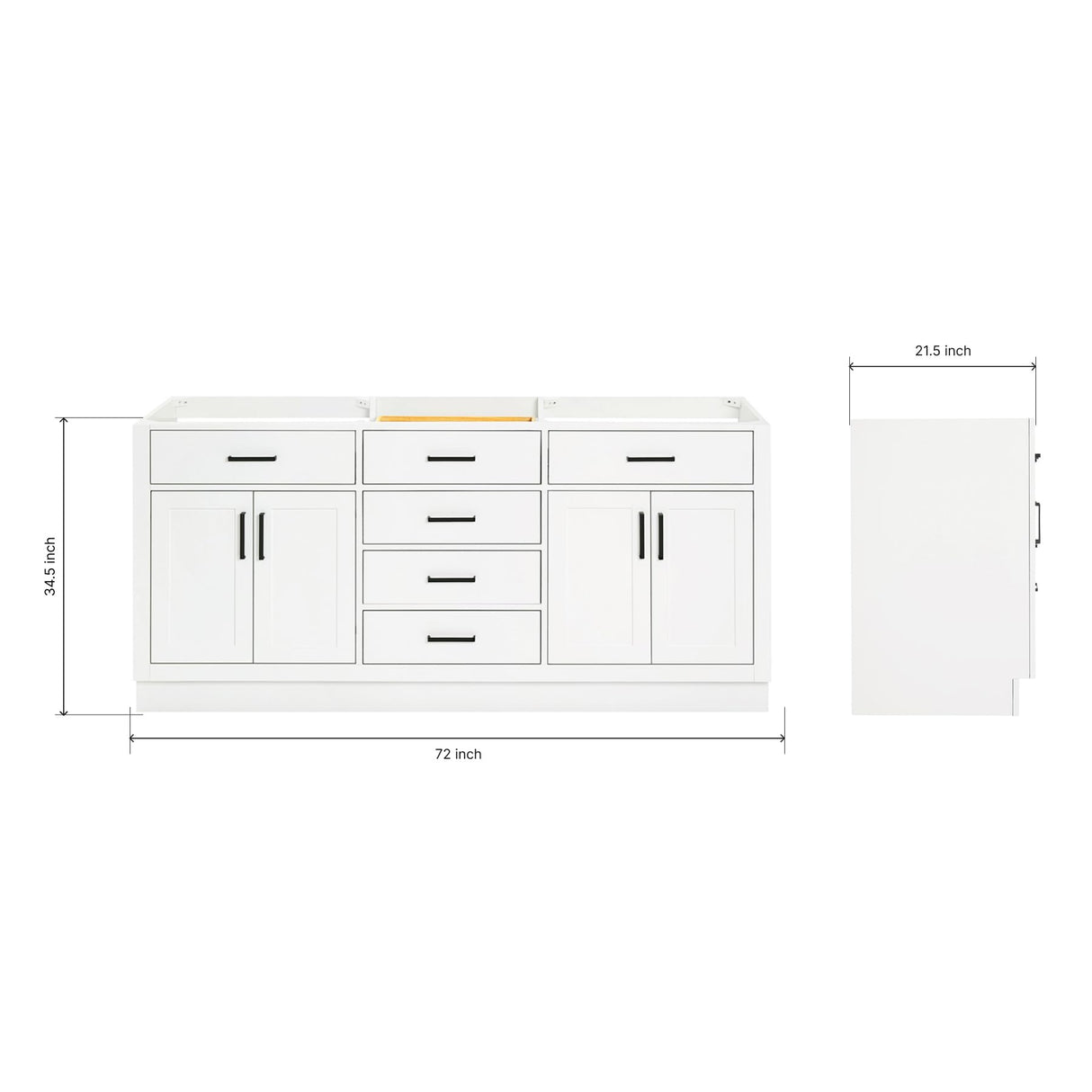 ARIEL Double Bathroom Vanity Base Cabinet 72" White, Double Sink Configuration, 4 Soft Closing Doors, 6 Full Extension Dovetail Drawers, Toe Kick, Matte Black ARIEL