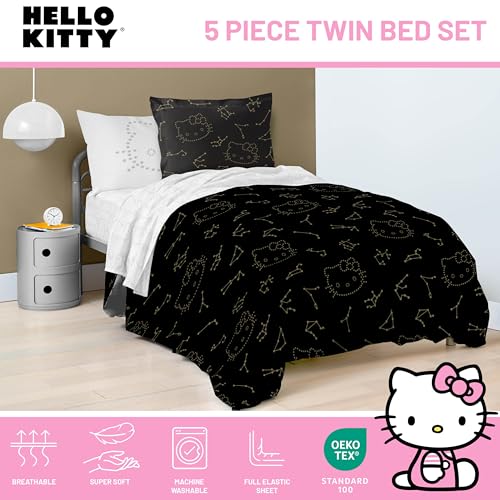 Jay Franco Hello Kitty Stars Twin Comforter Set - 5 Piece Bedding Includes Sheet Set & Pillow Covers - Super Soft Zodiac Black & Gold Bedding Jay Franco