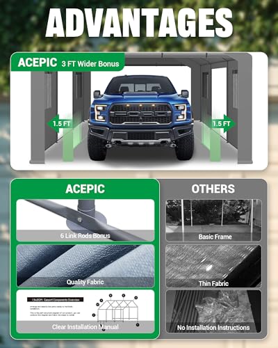 Acepic Upgraded 13x20ft Heavy Duty Carport, Portable Carport Features Roll-up Windows & Doors, UV Resistant Waterproof All-Season Tarp for Car, Truck, Boat Acepic