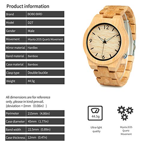 BOBO BIRD D27 Men's Bamboo Wooden Watch Numeral Scale Large Face Quartz Watch Lightweight Casual Sports Watches with Luminous Night Silver Pointer Gift Box BOBO BIRD