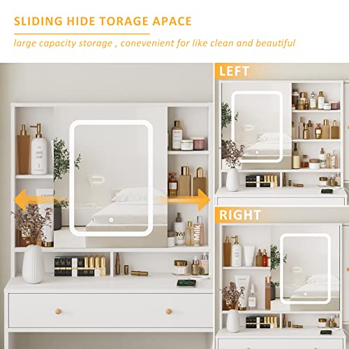 Vabches White Vanity Desk with Mirror and Lights, Vanity Table Makeup Vanity with Lights 3 Drawers and Cabinets, Charging Station & Sliding Door, Lots Storage Shelves Vabches