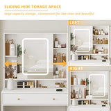 Vabches White Vanity Desk with Mirror and Lights, Vanity Table Makeup Vanity with Lights 3 Drawers and Cabinets, Charging Station & Sliding Door, Lots Storage Shelves Vabches