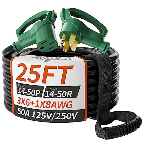 PlugSaf 25 FT 50 Amp RV/EV Extension Cord Outdoor, 4 Prong Flexible Heavy Duty 6/3+8/1 Gauge STW RV Power Cord Waterproof with Cord Organizer, NEMA 14-50P to 14-50R, Black-Green, ETL Listed - WoodArtSupply