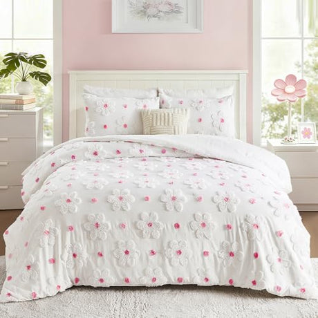 CotComf Twin Comforter Set for Girls 2 Pieces Tufted Daisies Flowers Twin Size Pink Floral Bedding Set Cute Comforter Set for Kids, Lightweight Bed Set for Kids Teen Girls Women CotComf