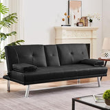 Futon Sofa Bed Modern Folding Couch for Small Space, Faux Leather Convertible Loveseat Sleeper Bed Daybed Recliner Lounge Sofas for Living Room,2 Cup Holders,Metal Legs,Removable Armrests (Black) Anwick