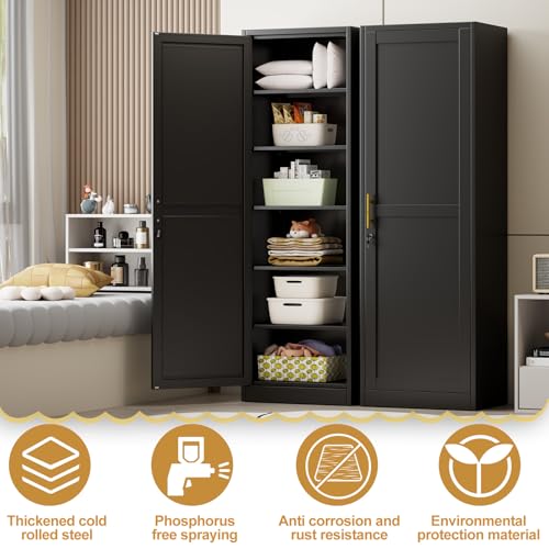 Lusiwry Tall Narrow Slim Metal Storage Cabinet with Lock and 5 Adjustable Shelves,Steel File Cabinets,Kitchen Pantry Cabinet Locker Organizer - 67" Storage Cabinets for Bathroom,Bedroom,Office,Black Lusiwry