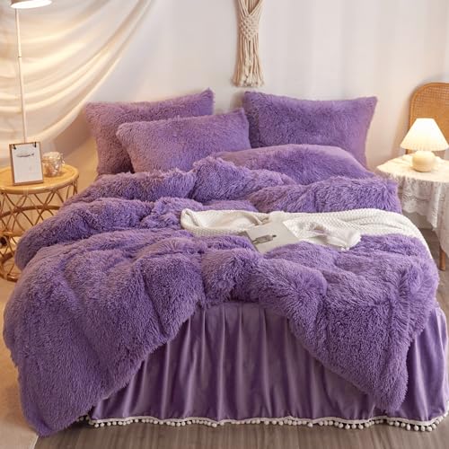 HAIHUA Faux Fur Purple Comforter Cover Queen Set, Soft Fuzzy Plush Purple Bedding Queen Set 3 Pieces (1 Furry Duvet Cover + 2 Fluffy Pillow Cases) Shaggy Bed Set, Zipper Closure HAIHUA