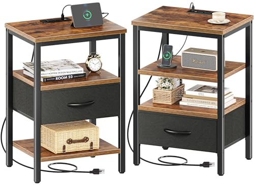 SUPERJARE Nightstand Set of 2, Bed Side Tables with Charging Station, Adjustable Fabric Drawer, Night Stand for Bedroom, 3-Tier Storage End Tables, for Living Room, Rustic Brown and Black SUPERJARE