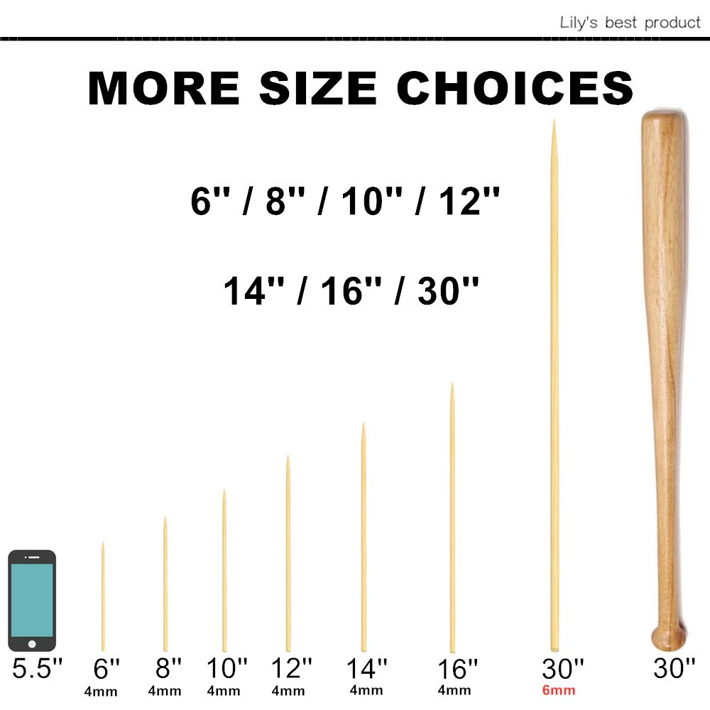 HOPELF 12" Natural Bamboo Skewers for BBQ，Appetiser，Fruit，Cocktail，Kabob，Chocolate Fountain，Grilling，Barbecue，Kitchen，Crafting and Party. Φ=4mm, More Size Choices 6"/8"/10"/14"/16"/30"(100 PCS) HOPELF