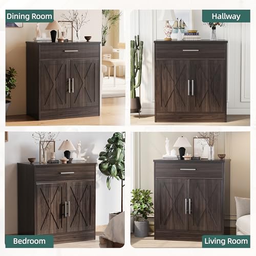 Shintenchi Farmhouse Storage Cabinets with doors and shelves,kitchen Barn Door storage cabinet with drawers,Coffee Bar Cabinet Buffest Sideboard for Dining Living Room,Bathroom,Entryway,Dark Brown Shintenchi