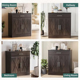 Shintenchi Farmhouse Storage Cabinets with doors and shelves,kitchen Barn Door storage cabinet with drawers,Coffee Bar Cabinet Buffest Sideboard for Dining Living Room,Bathroom,Entryway,Dark Brown Shintenchi