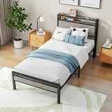 BOFENG Twin Bed Frame with Wood Storage Headboard/USB Charging Station,Heavy Duty Metal Single Platform Bed Frames No Box Spring Needed,Heavy Duty Metal Slats,Noise Free,Greige BOFENG