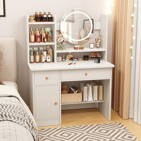MONGMON Dressing Table,Makeup Table with Drawers, Vanity Desk with Mirror and led Lights,3 Lighting Mode,Makeup Vanity Desk,Multifunctional Makeup Writing Desk for Bedroom (White) MONGMON