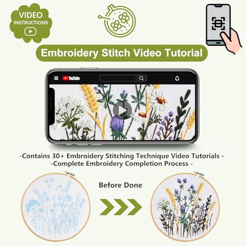 Santune 3 Pack Embroidery Kit for Beginners, Needlepoint Cross Stitch Kits for Adults,Needle Point Sets with Stamped Wild Flower Pattern Stitch Video Tutorial