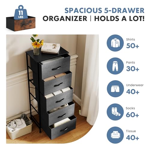 DUMOS Nightstand with 5 Drawers Bedside Table with Removable Fabric Bins Sturdy Steel Frame Wood Top Organizer Furniture for Bedroom Closet Living Room, Grey DUMOS