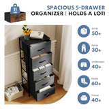 DUMOS Nightstand with 5 Drawers Bedside Table with Removable Fabric Bins Sturdy Steel Frame Wood Top Organizer Furniture for Bedroom Closet Living Room, Grey DUMOS