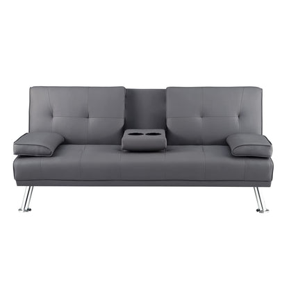 Naomi Home Transform Your Living Space with Comfort Gray Futon Sofa Bed with Armrest, Cupholders, & Reclining Function, Ideal for Cozy Living Rooms! Sofa Bed Couch with Metal Legs, Faux Leather