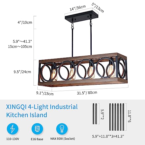 XINGQI Black Kitchen Island Light Fixtures, Farmhouse Dining Room Chandelier Rectangular Linear Chandeliers Pendant Ceiling Light Fixture for Bar Office Coffee Shop 4-Light Wood Grain - WoodArtSupply